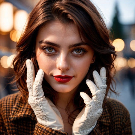 Smiling friendly young woman wearing gloves, article of clothing fashionの素材