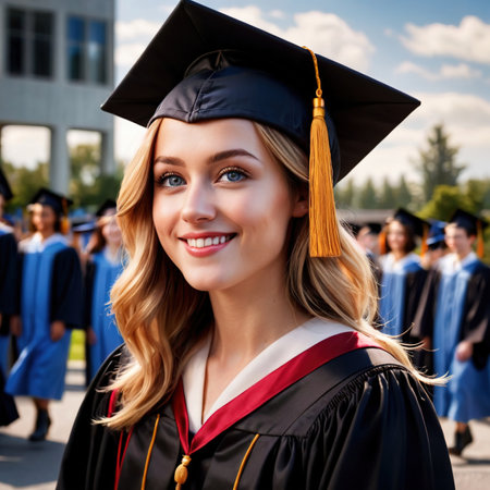 Smiling friendly woman wearing Graduation cap , article of clothing fashionの素材