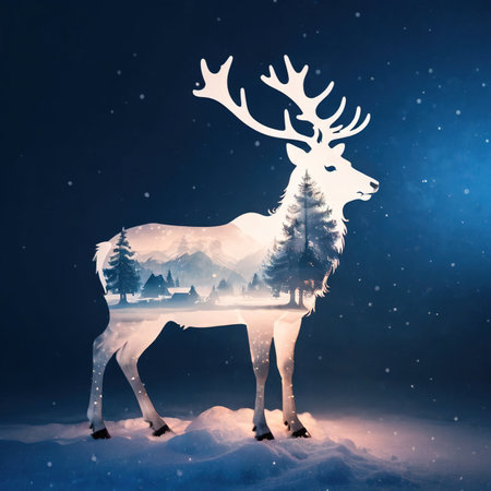 Double exposure of reindeer, christmas winter sceneの素材