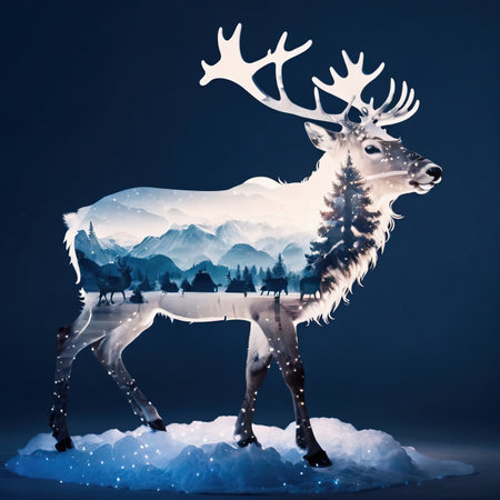 Double exposure of reindeer, christmas winter sceneの素材