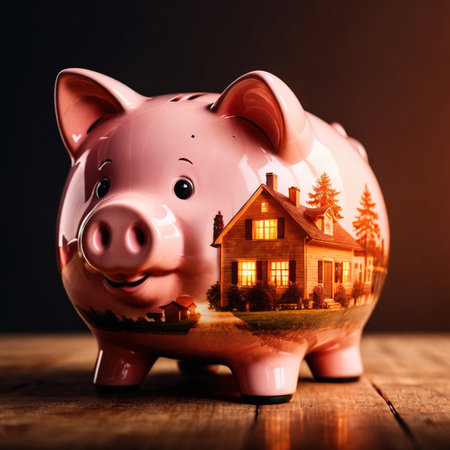 Double exposure of piggy bank and house, showing saving money for propertyの素材