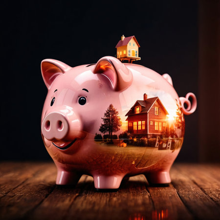 Double exposure of piggy bank and house, showing saving money for propertyの素材