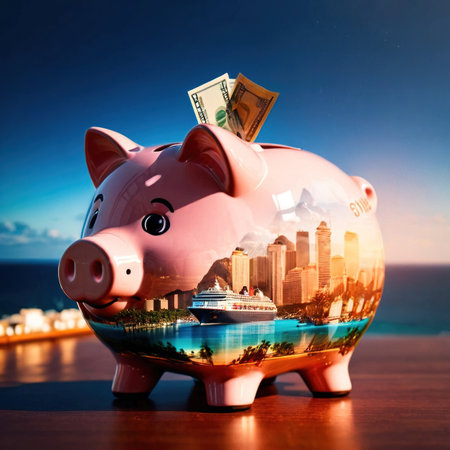 Double exposure of piggy bank and cruise ship, showing saving money for vacationの素材