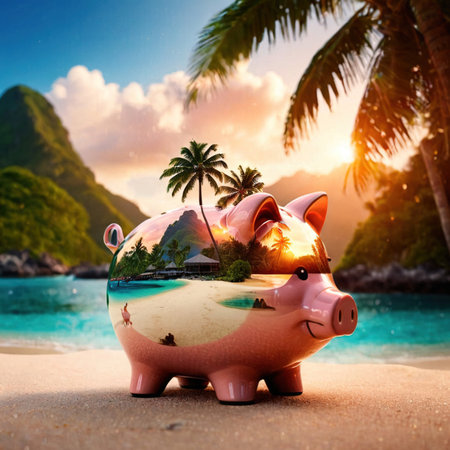 Double exposure of piggy bank and tropical island, showing saving money for vacationの素材