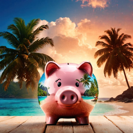 Double exposure of piggy bank and tropical island, showing saving money for vacationの素材