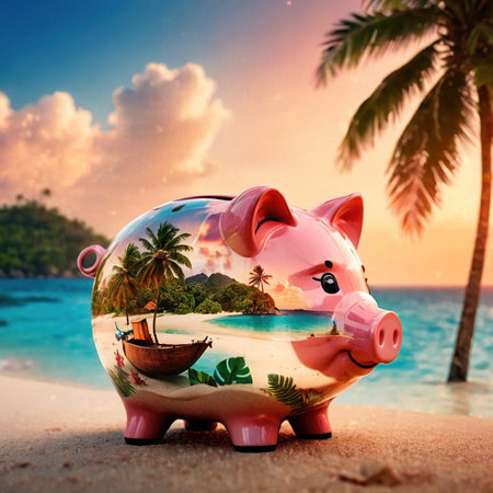 Double exposure of piggy bank and tropical island, showing saving money for vacationの素材