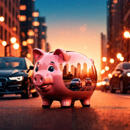 Double exposure of piggy bank and car, showing saving money for automobileの素材