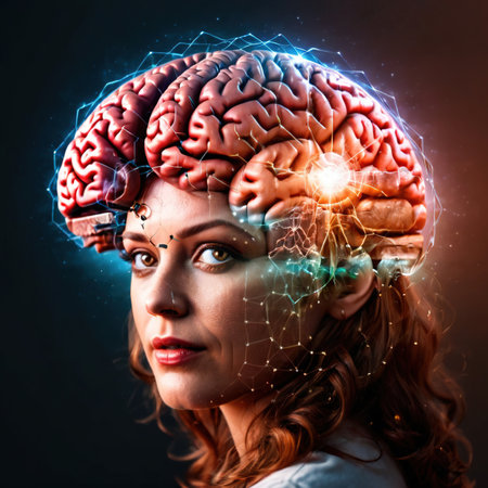 Smart woman with brain, showing thinking, intelligence and brainpowerの素材