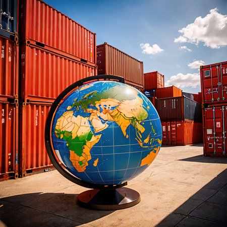 Global international logistics and delivery, shown by globe surrounded by cargo containersの素材