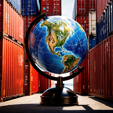 Global international logistics and delivery, shown by globe surrounded by cargo containersの素材