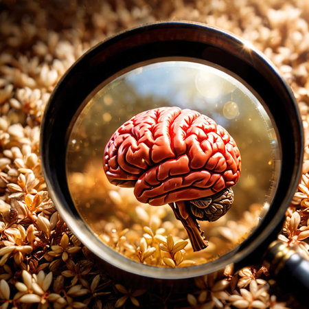 Searching for intelligence and talent, magnifying glass looking at brainの素材