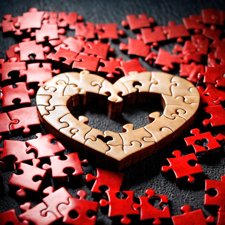 Broken missing pieces of love romance puzzle, shown with jigsawの素材