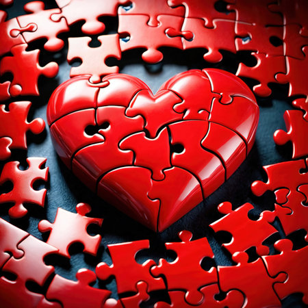 Broken missing pieces of love romance puzzle, shown with jigsawの素材