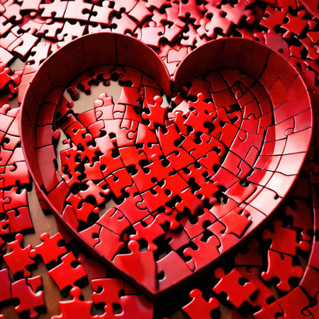 Broken missing pieces of love romance puzzle, shown with jigsawの素材