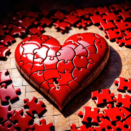 Broken missing pieces of love romance puzzle, shown with jigsawの素材