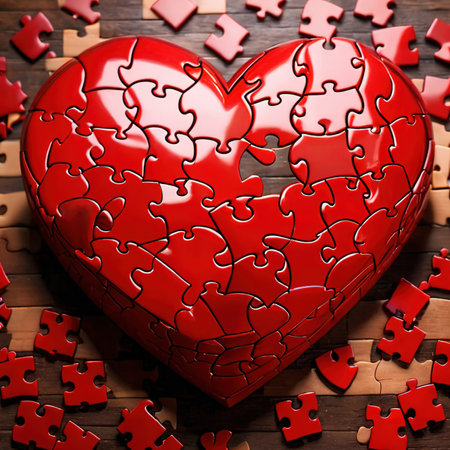 Broken missing pieces of love romance puzzle, shown with jigsawの素材