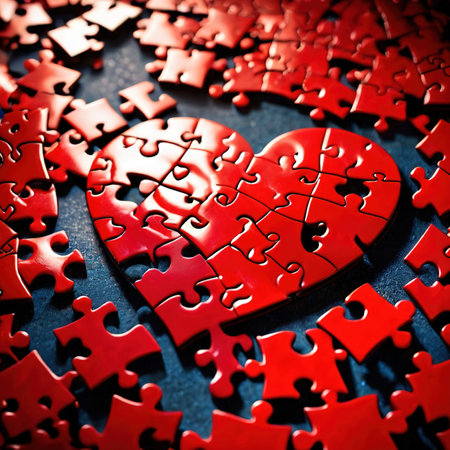 Broken missing pieces of love romance puzzle, shown with jigsawの素材
