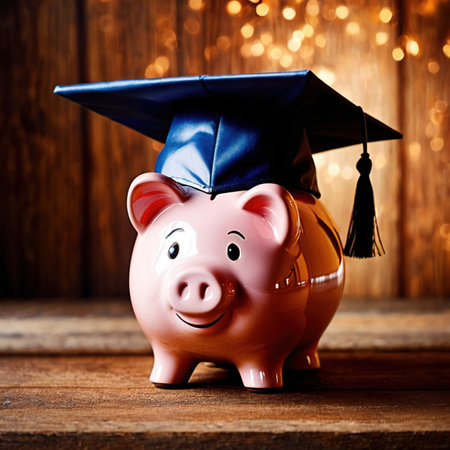 Piggy bank with graduate cap, showing saving money for educationの素材