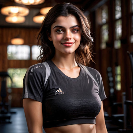 Smiling friendly woman wearing Gym clothes , article of clothing fashionの素材