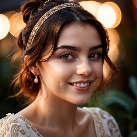 Smiling friendly woman wearing Hair band , article of clothing fashionの素材