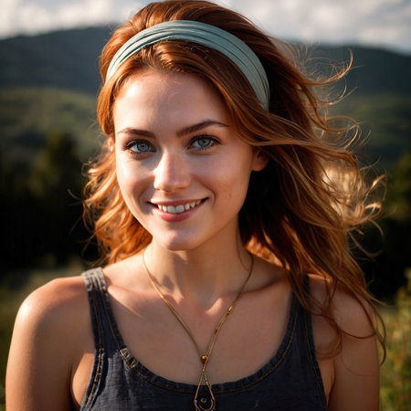 Smiling friendly woman wearing Hair band , article of clothing fashionの素材