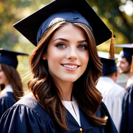 Smiling friendly woman wearing Graduation cap , article of clothing fashionの素材