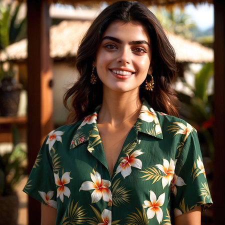 Smiling friendly woman wearing Hawaiian shirt , article of clothing fashionの素材