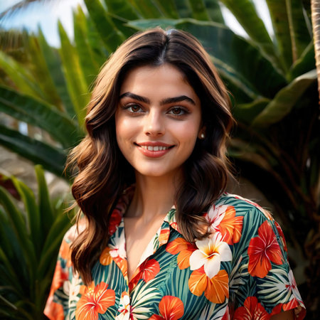 Smiling friendly woman wearing Hawaiian shirt , article of clothing fashionの素材