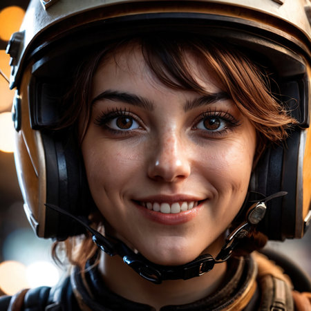 Smiling friendly woman wearing Helmet , article of clothing fashionの素材