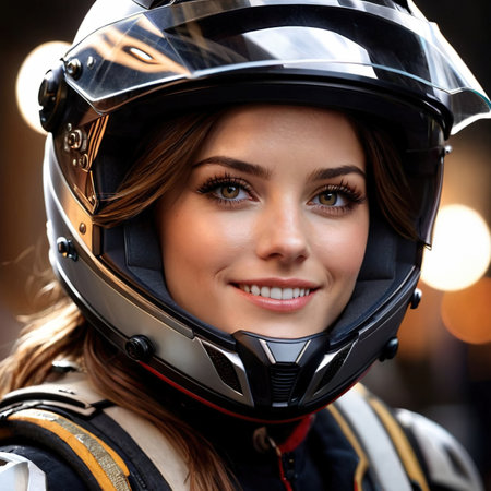 Smiling friendly woman wearing Helmet , article of clothing fashionの素材