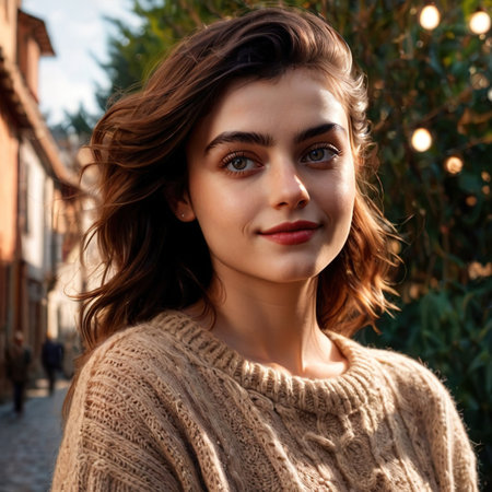 Smiling friendly woman wearing Jumper , article of clothing fashionの素材