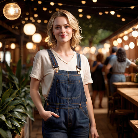 Smiling friendly woman wearing Overalls , article of clothing fashionの素材