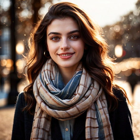 Smiling friendly woman wearing Scarf , article of clothing fashionの素材