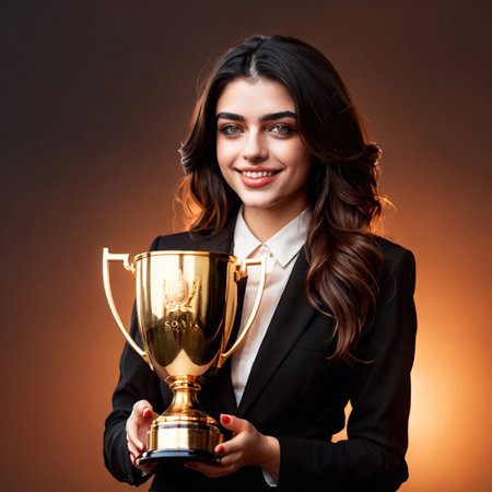Businesswoman with trophy, successful prize winning entrepreneurの素材