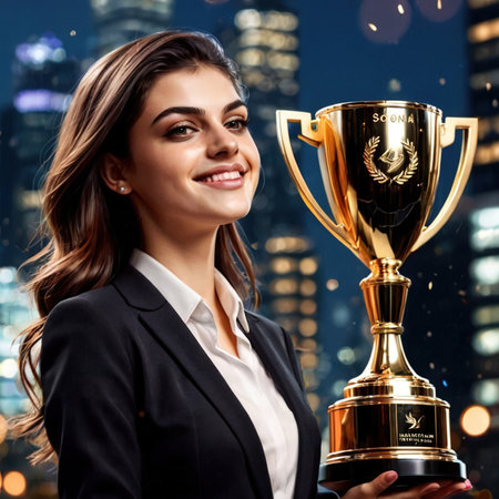 Businesswoman with trophy, successful prize winning entrepreneurの素材