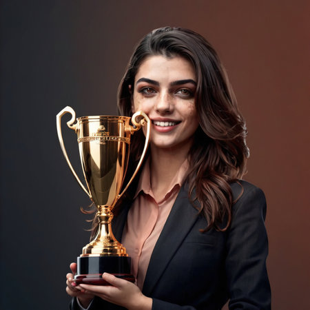 Businesswoman with trophy, successful prize winning entrepreneurの素材