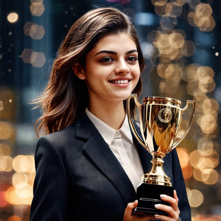 Businesswoman with trophy, successful prize winning entrepreneurの素材