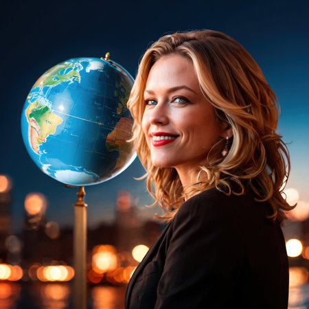 Businesswoman with globe of world, international business and commerceの素材