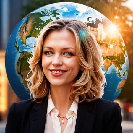 Businesswoman with globe of world, international business and commerceの素材