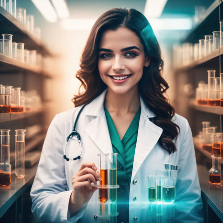 Woman scientist in lab coat, laboratory with test tubes, digital collageの素材