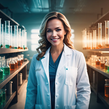 Woman scientist in lab coat, laboratory with test tubes, digital collageの素材