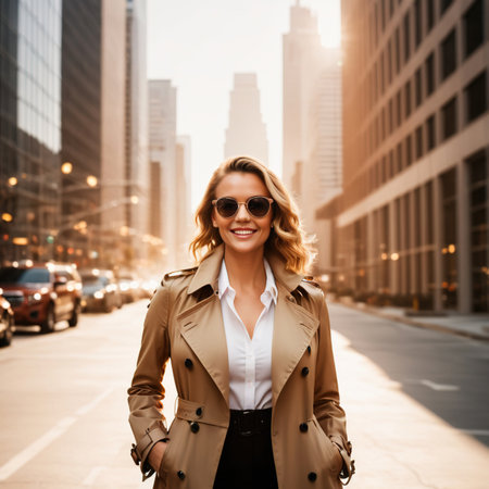 Cool confident woman in trenchcoat and sunglasses in the cityの素材