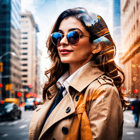 Cool confident woman in trenchcoat and sunglasses in the cityの素材