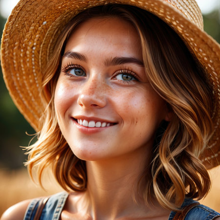 woman wearing Straw hat (smiling), article of clothing fashionの素材