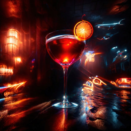 Martini cocktail drink in bar, psychadelic glowing aura light streaksの素材
