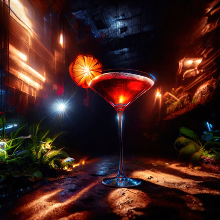 Martini cocktail drink in bar, psychadelic glowing aura light streaksの素材