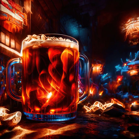 beer mug alcholic drink in bar, psychadelic glowing aura light streaksの素材