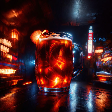 beer mug alcholic drink in bar, psychadelic glowing aura light streaksの素材