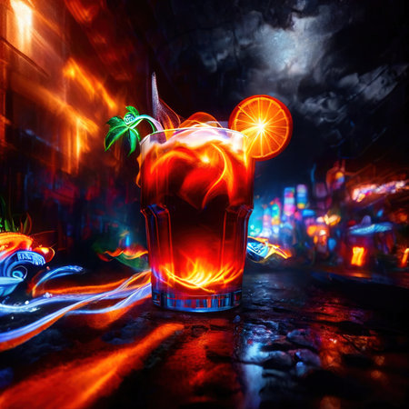 beer mug alcholic drink in bar, psychadelic glowing aura light streaksの素材