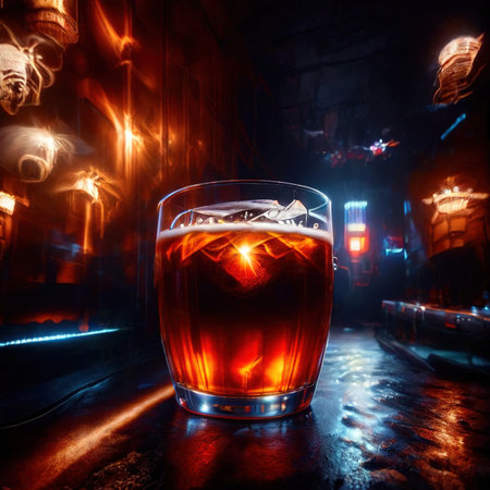 beer mug alcholic drink in bar, psychadelic glowing aura light streaksの素材